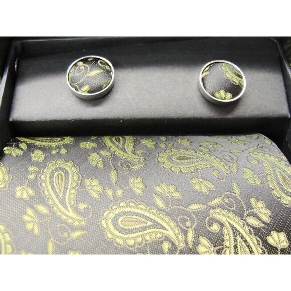 Batik Collection Malaysia Tie, Hanky & Cufflinks Black Green Silver Tone Tux IOB - Picture 2 of 8